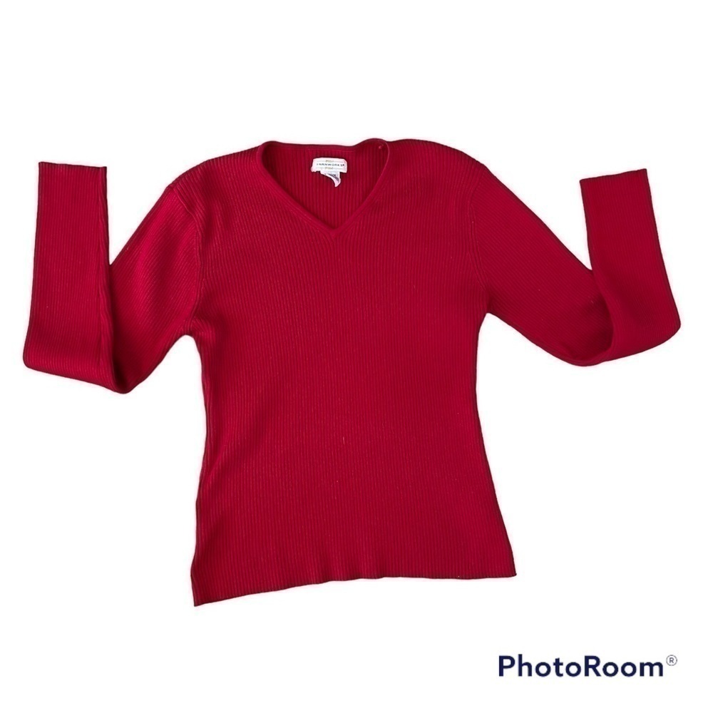 YARNWORKS red ribbed V neck long sleeved pullover sweater, M, cotton & acrylic.
